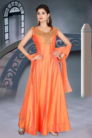 Orange Color Soft Art Silk Gown